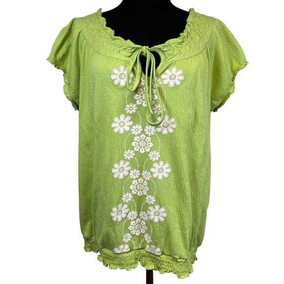 Dressbarn Sz Large Embroidered Floral Blouse With Ruffle Hem Cotton Blend Boho‎ - Picture 1 of 9